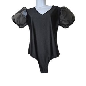 Black Sheer Puff Short Sleeve Bodysuit Size L by Occasion Knit Body Evening Glam
